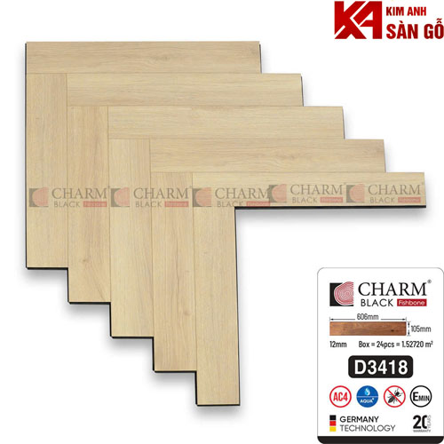 Sàn Gỗ Xương Cá 12mm Charm Cốt Đen D3418